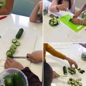 Grade 3 class making refrigerator pickles.